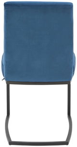 Rückansicht eines blauen Freischwinger-Stuhls mit schwarzem Metallgestell.