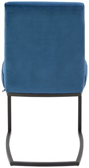 Rückansicht eines blauen Freischwinger-Stuhls mit schwarzem Metallgestell.