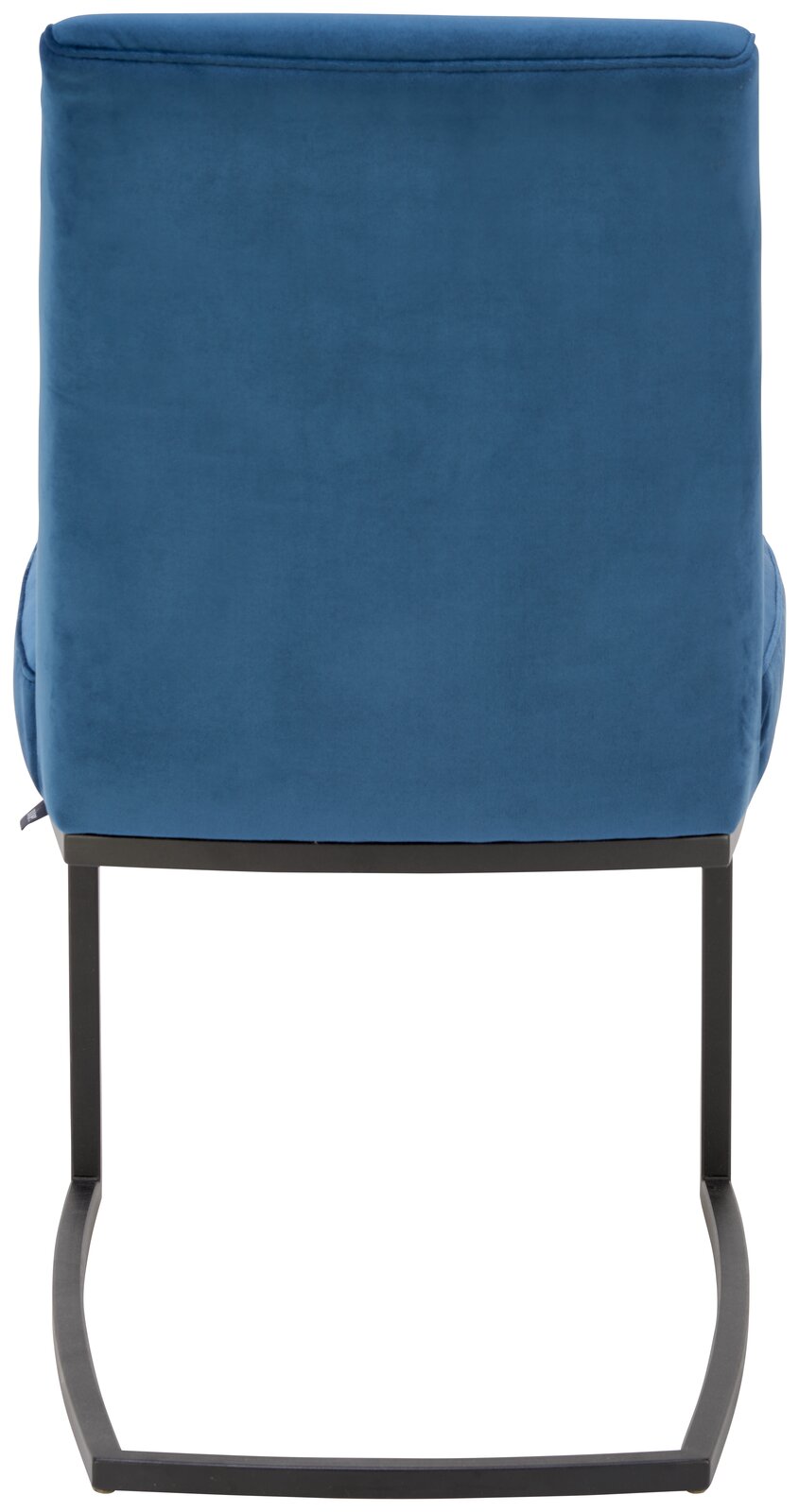 Rückansicht eines blauen Freischwinger-Stuhls mit schwarzem Metallgestell.