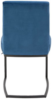 Rückansicht eines blauen Freischwinger-Stuhls mit schwarzem Metallgestell.