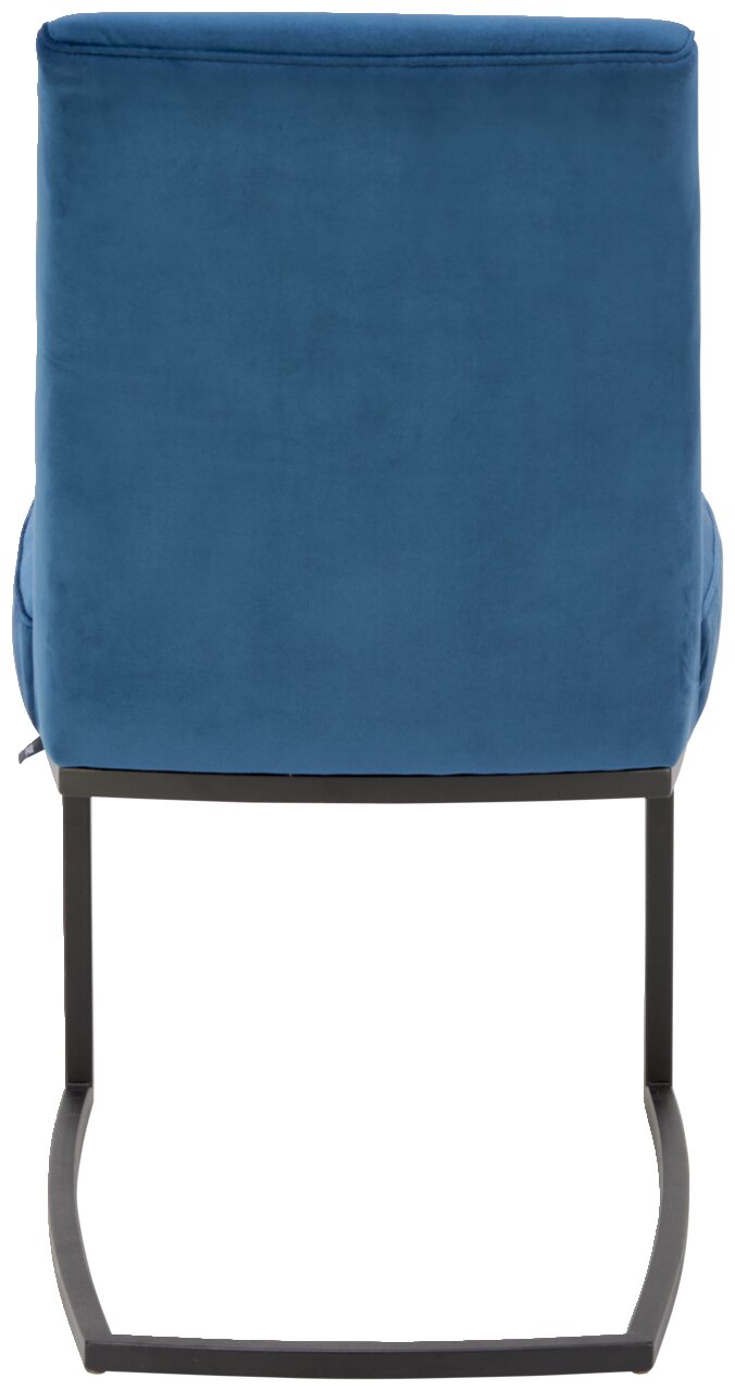 Rückansicht eines blauen Freischwinger-Stuhls mit schwarzem Metallgestell.