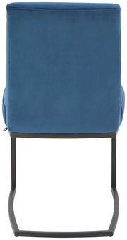 Rückansicht eines blauen Freischwinger-Stuhls mit schwarzem Metallgestell.