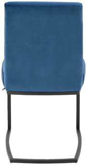 Rückansicht eines blauen Freischwinger-Stuhls mit schwarzem Metallgestell.