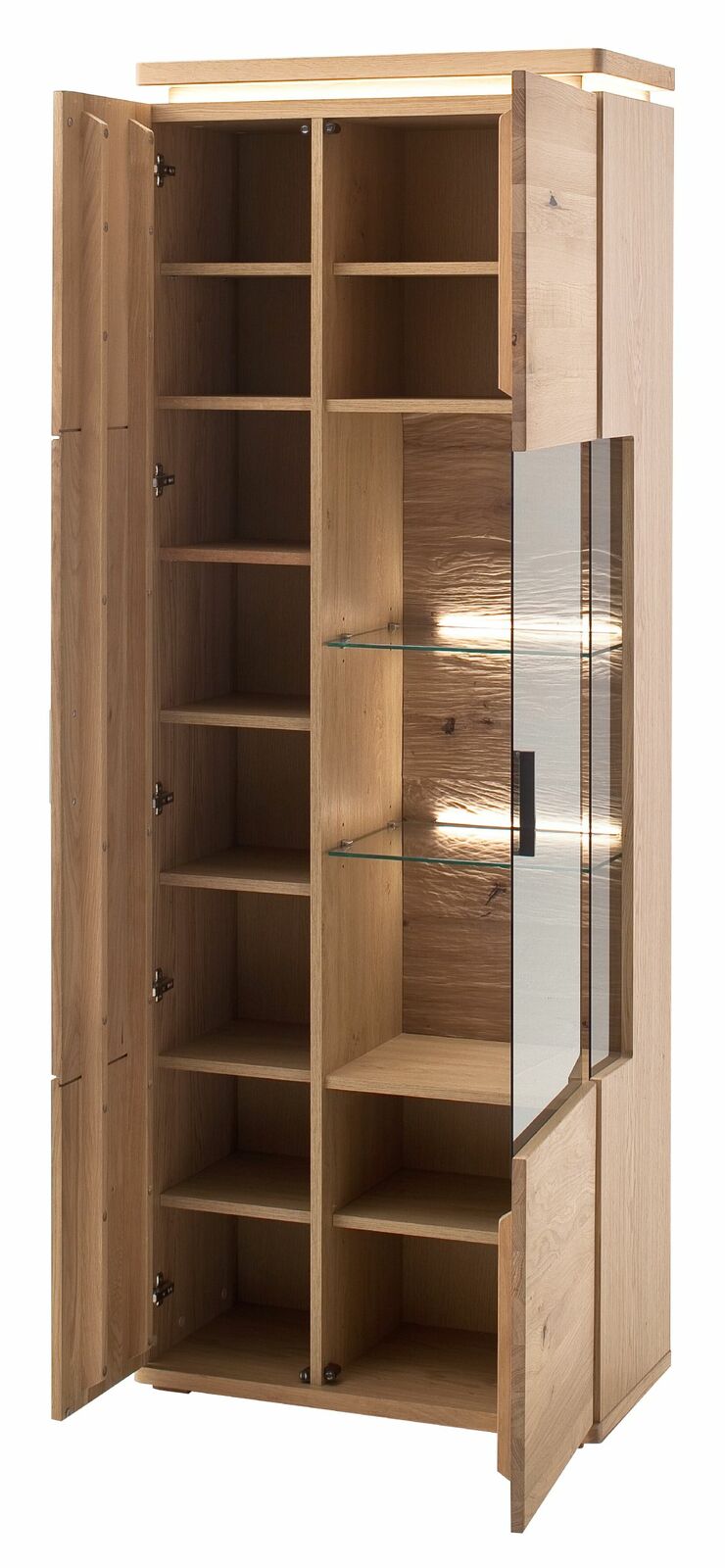 Zurbrüggen Kombi-Vitrine BARCELONA Holz-Kombi-Vitrine mit offenen Türen, zeigt mehrere Regalfächer und eine Glastür, Perspektive von vorne.