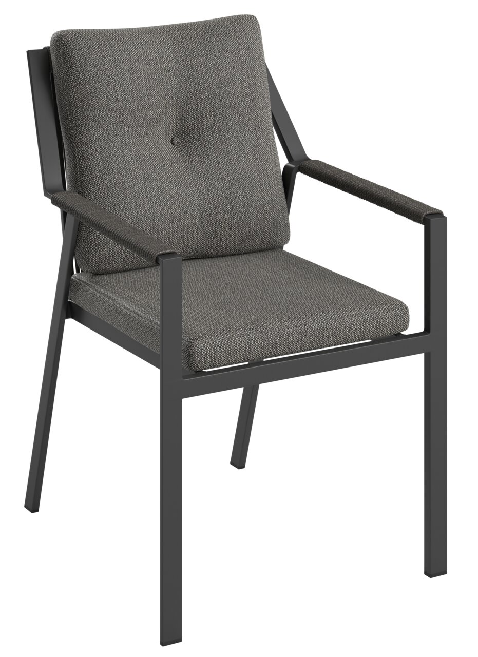 Dieter Knoll Gartensessel PATAGONA BEIGE Moderner Gartensessel mit grauem Polster und schwarzem Metallrahmen, seitliche Perspektive