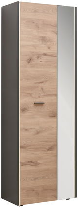 Moderner Garderobenschrank mit Holzoptik und Spiegeltür, seitliche Perspektive