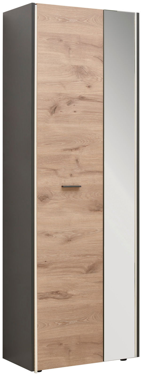 Voleo Garderobenschrank LIGHT UP Moderner Garderobenschrank mit Holzoptik und Spiegeltür, seitliche Perspektive