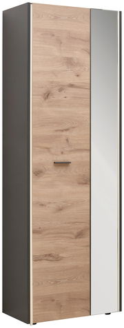 Moderner Garderobenschrank mit Holzoptik und Spiegeltür, seitliche Perspektive