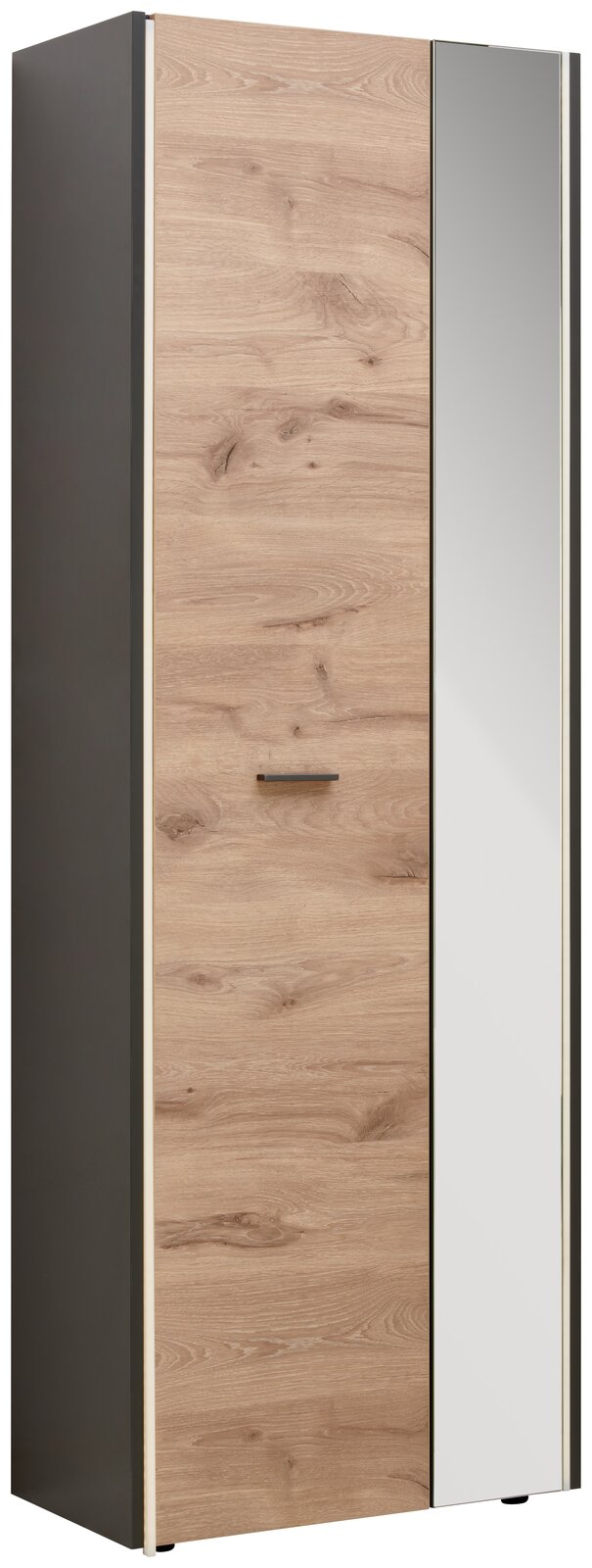 Voleo Garderobenschrank LIGHT UP Moderner Garderobenschrank mit Holzoptik und Spiegeltür, seitliche Perspektive