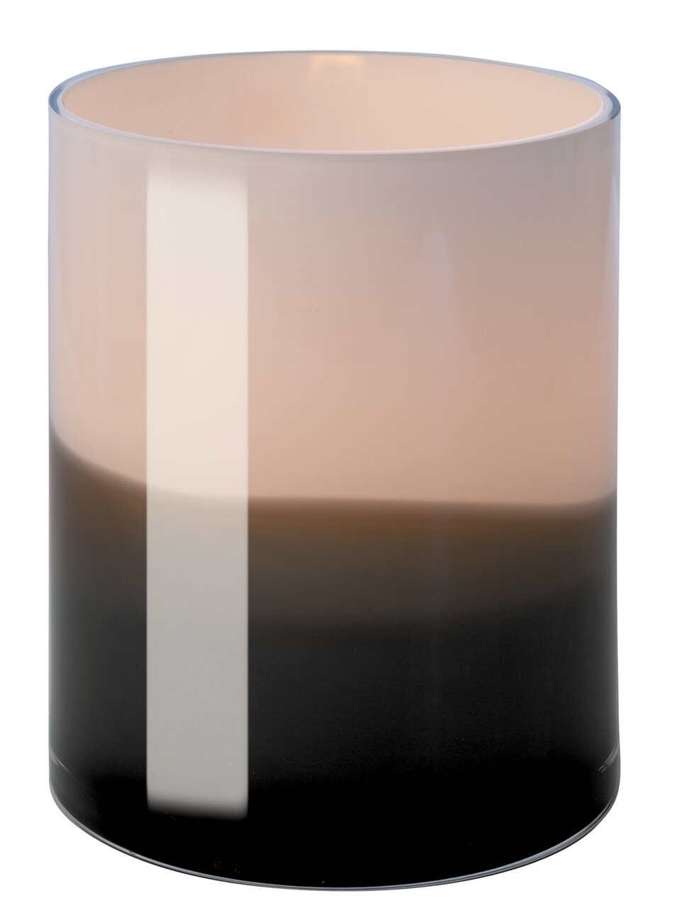 Zylindrische Vase aus Glas mit Farbverlauf von Schwarz zu Beige, seitliche Perspektive