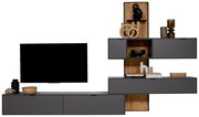 Moderne Wandkombination in dunklem Grau mit Holzakzenten, bestehend aus mehreren Schränken und Regalen, dekoriert mit Büchern und Vasen. Frontalansicht.