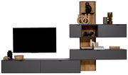 Moderne Wandkombination in dunklem Grau mit Holzakzenten, bestehend aus mehreren Schränken und Regalen, dekoriert mit Büchern und Vasen. Frontalansicht.