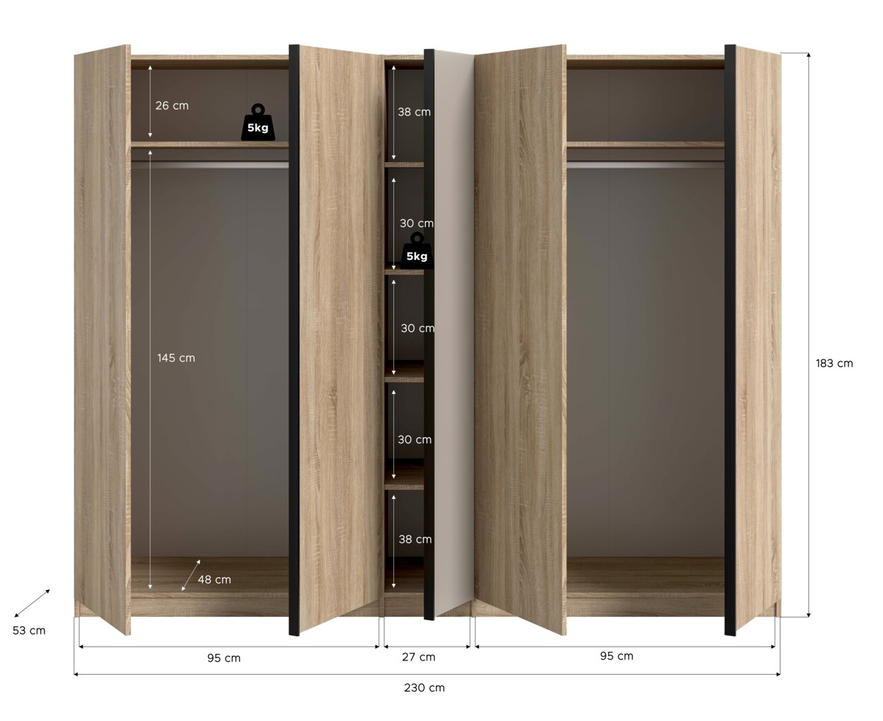 Offener Kleiderschrank in Holzoptik mit drei Bereichen, Kleiderstangen und Mittelregalen, mit Maßangaben (230 × 183 × 53 cm), Frontansicht leicht schräg von vorn.