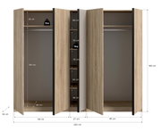 Offener Kleiderschrank in Holzoptik mit drei Bereichen, Kleiderstangen und Mittelregalen, mit Maßangaben (230 × 183 × 53 cm), Frontansicht leicht schräg von vorn.