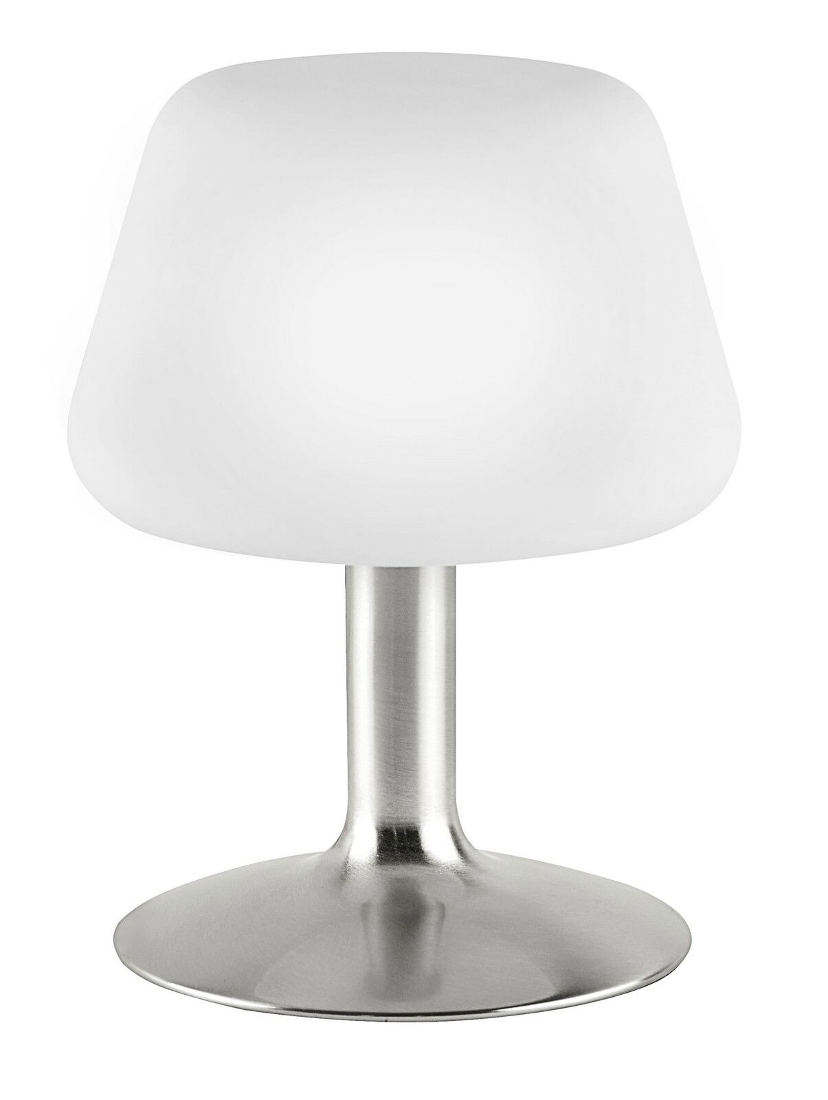 Moderne Tischleuchte aus Stahl mit weißem Lampenschirm, frontal abgebildet