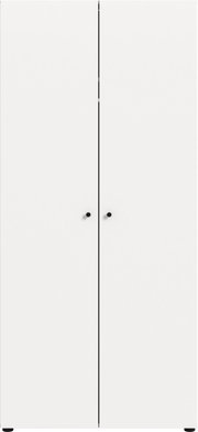 Weißer, minimalistischer zweitüriger Schrank mit zwei schwarzen runden Griffen, frontale Ansicht.