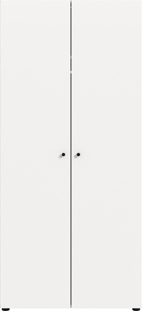 Weißer, minimalistischer zweitüriger Schrank mit zwei schwarzen runden Griffen, frontale Ansicht.