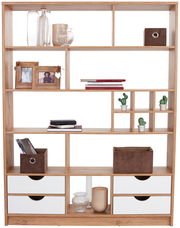 Vorderansicht eines modernen Raumteilers aus Holz mit mehreren Fächern, dekoriert mit Büchern, Pflanzen und Aufbewahrungsboxen.