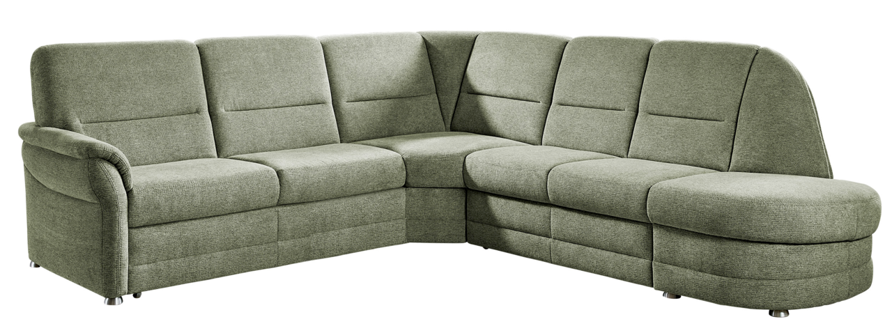 Grüne Eckgarnitur Beldomo Comfort QUEENLINE, Ansicht von vorne links, mit gepolsterten Armlehnen und Rückenlehnen.