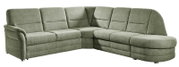 Groene hoekbank Beldomo Comfort QUEENLINE, vooraanzicht links, met gestoffeerde armleuningen en rugleuningen.
