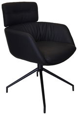 Schwarzer Armlehnstuhl mit modernem Design und vierbeinigem Metallgestell, seitliche Perspektive