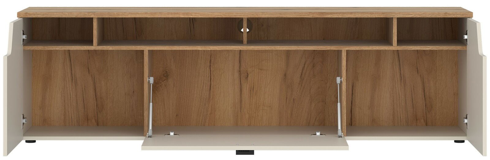 TV-Lowboard aus Holz mit offenen Fächern und Türen, Frontansicht