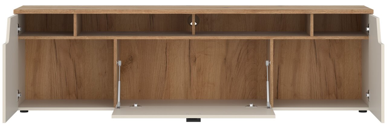 TV-Lowboard aus Holz mit offenen Fächern und Türen, Frontansicht