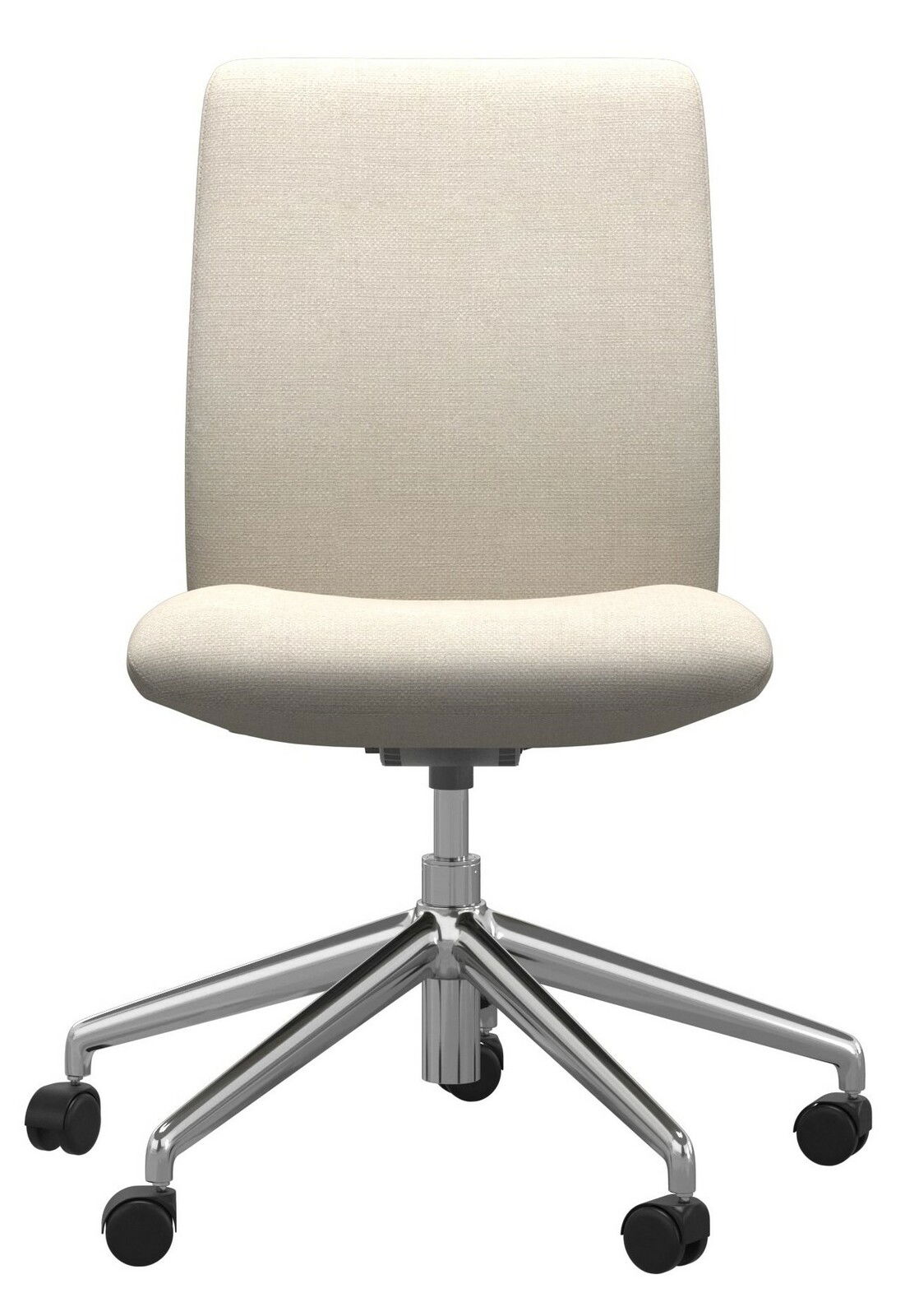 Moderner Bürostuhl mit hellgrauem Stoffbezug und verchromtem Fußkreuz, Vorderansicht