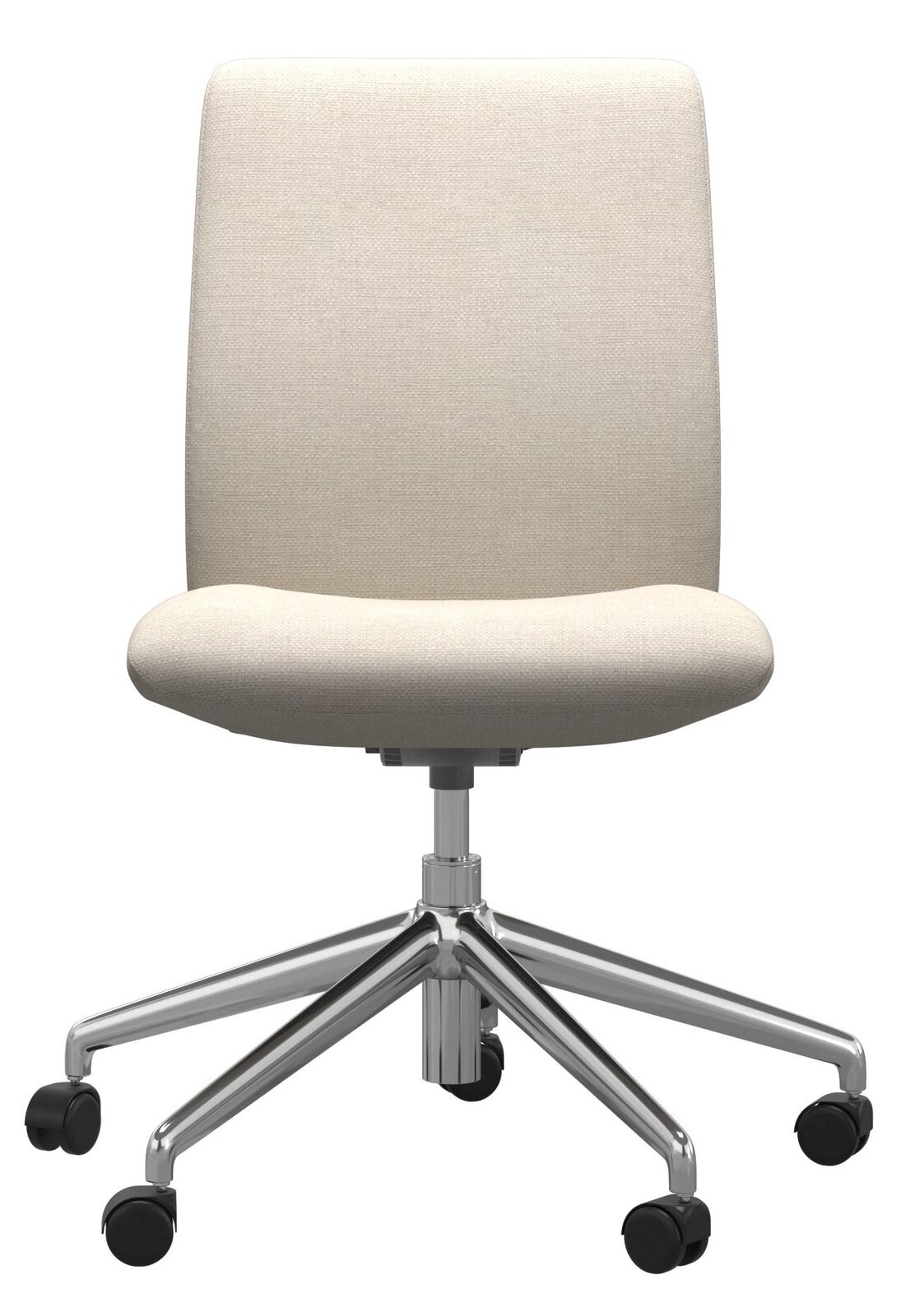 Moderner Bürostuhl mit hellgrauem Stoffbezug und verchromtem Fußkreuz, Vorderansicht