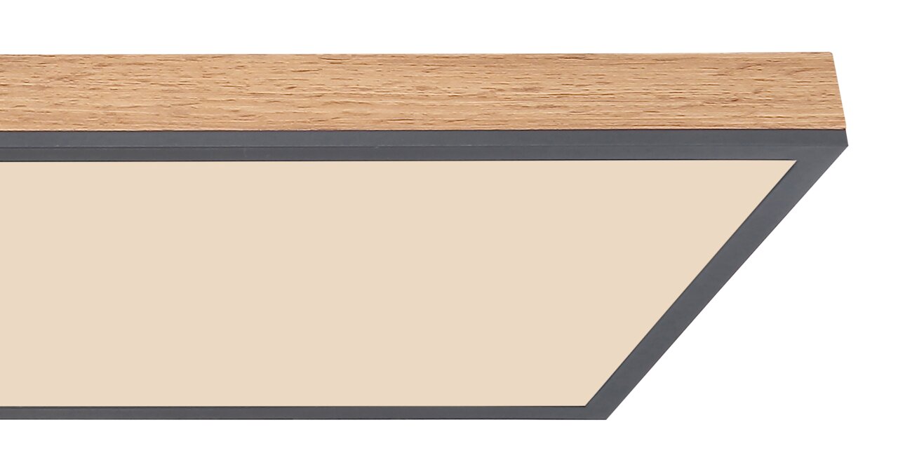 Deckenleuchte mit Holzrahmen und moderner, flacher Bauweise, seitliche Perspektive