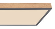 Deckenleuchte mit Holzrahmen und moderner, flacher Bauweise, seitliche Perspektive