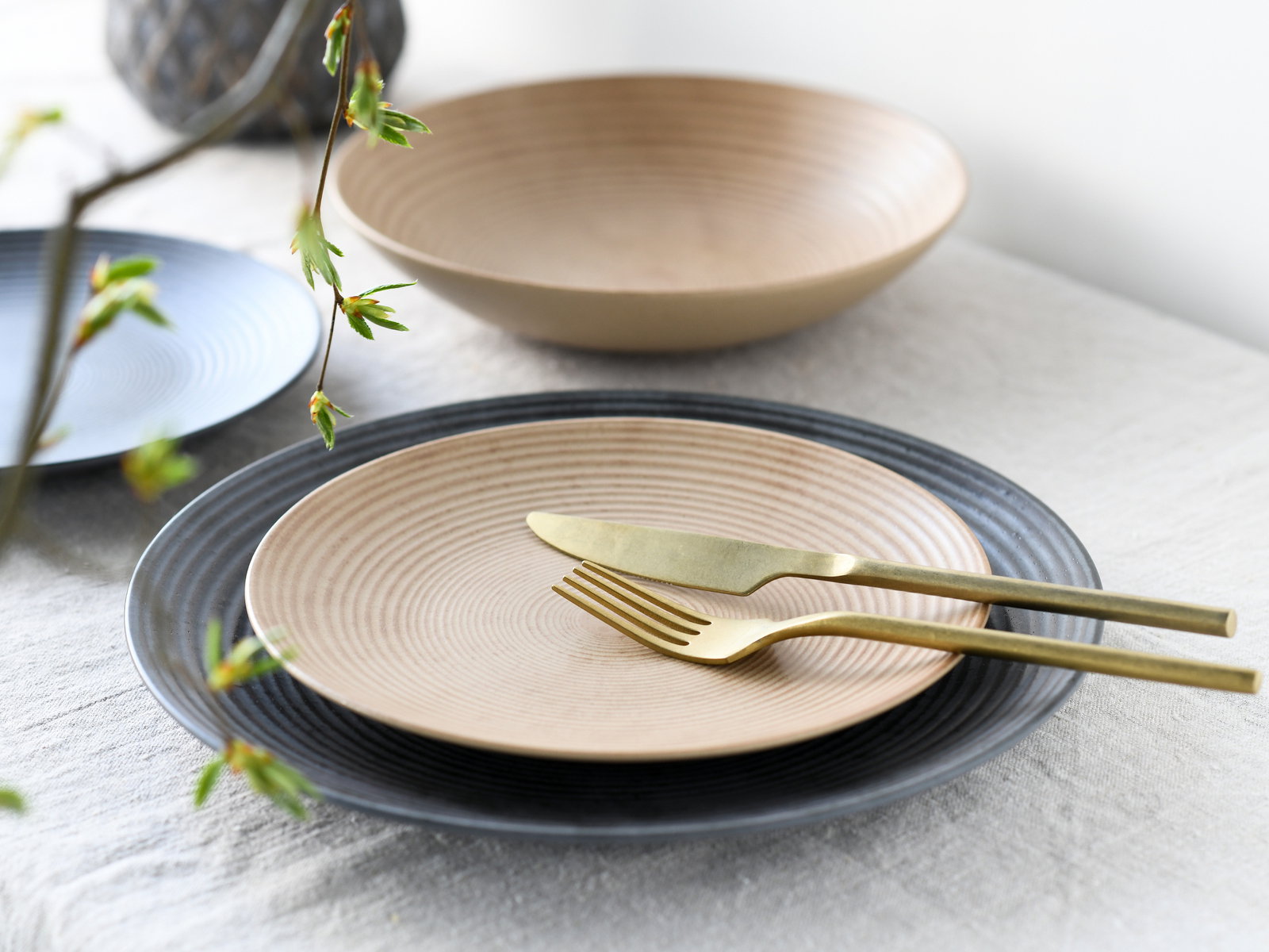 Ein elegantes Tellerset bestehend aus einem 18-teiligen Set mit modernen, geriffelten Tellern in verschiedenen Farben, präsentiert auf einem Tisch mit goldfarbenem Besteck. Perspektive von schräg oben.