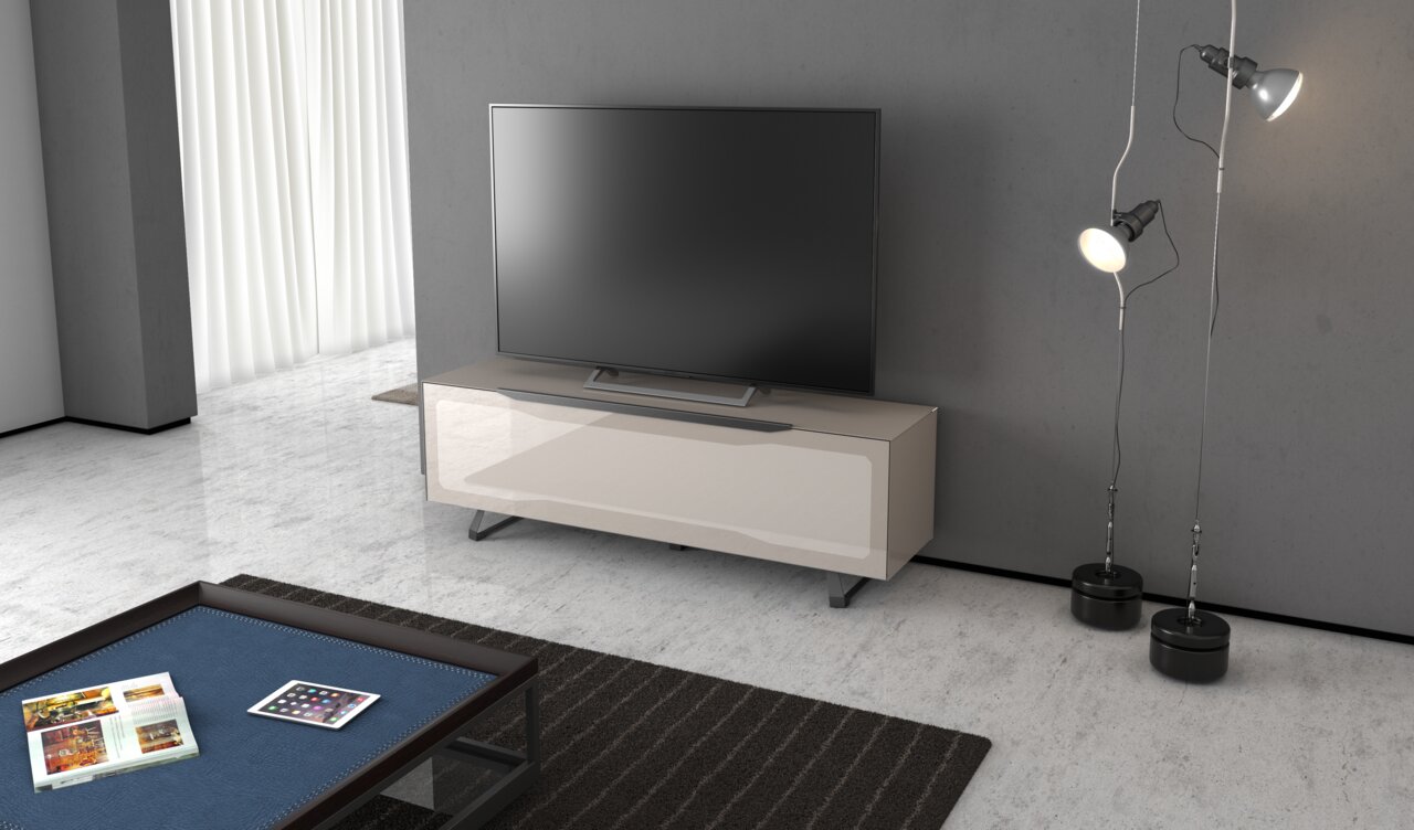 Modernes TV-Lowboard in einem eleganten Wohnzimmer, seitliche Perspektive