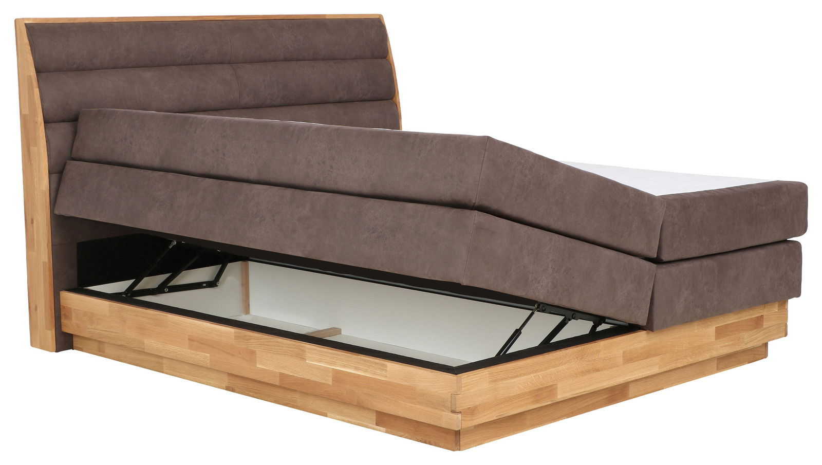Boxspringbett mit hochgeklappter Matratze und Stauraum, seitliche Perspektive