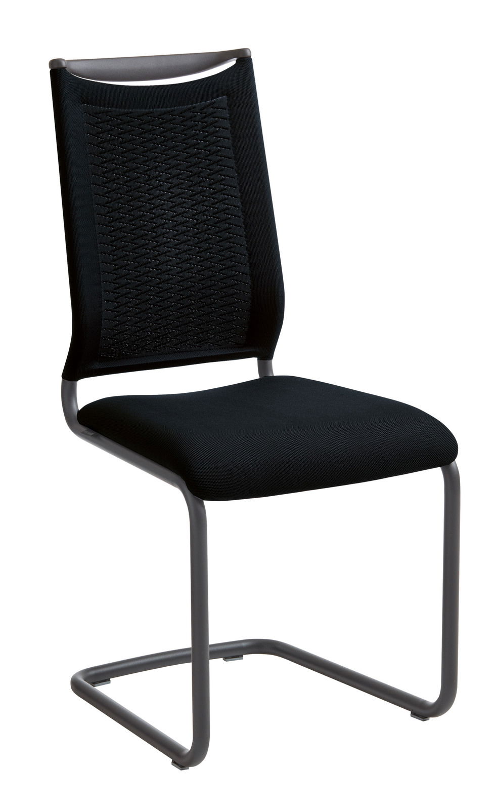 Moderner Freischwinger-Stuhl mit schwarzem Sitz und Rückenlehne, seitliche Perspektive