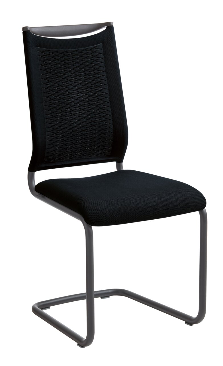 Moderner Freischwinger-Stuhl mit schwarzem Sitz und Rückenlehne, seitliche Perspektive