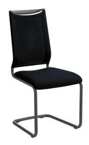 Moderner Freischwinger-Stuhl mit schwarzem Sitz und Rückenlehne, seitliche Perspektive