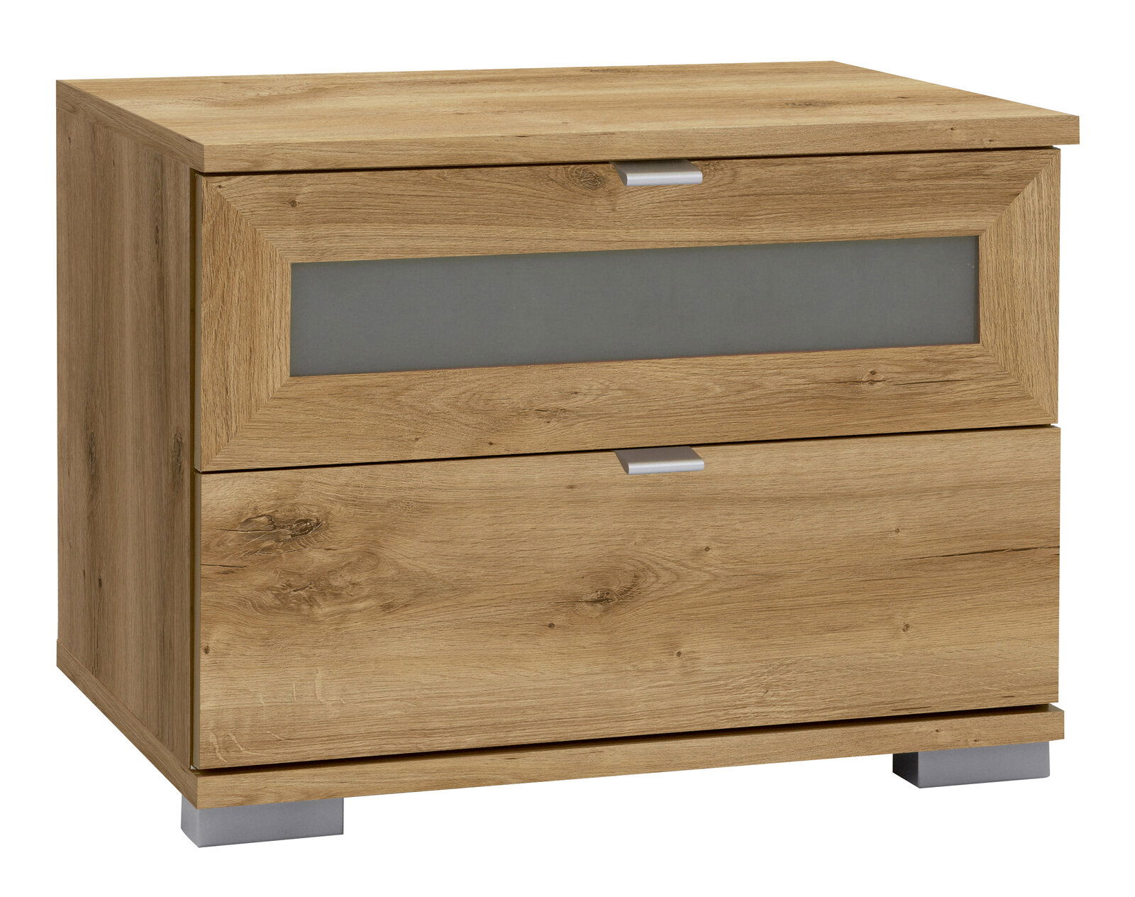 Nachtkonsole aus Holz mit zwei Schubladen, Frontansicht