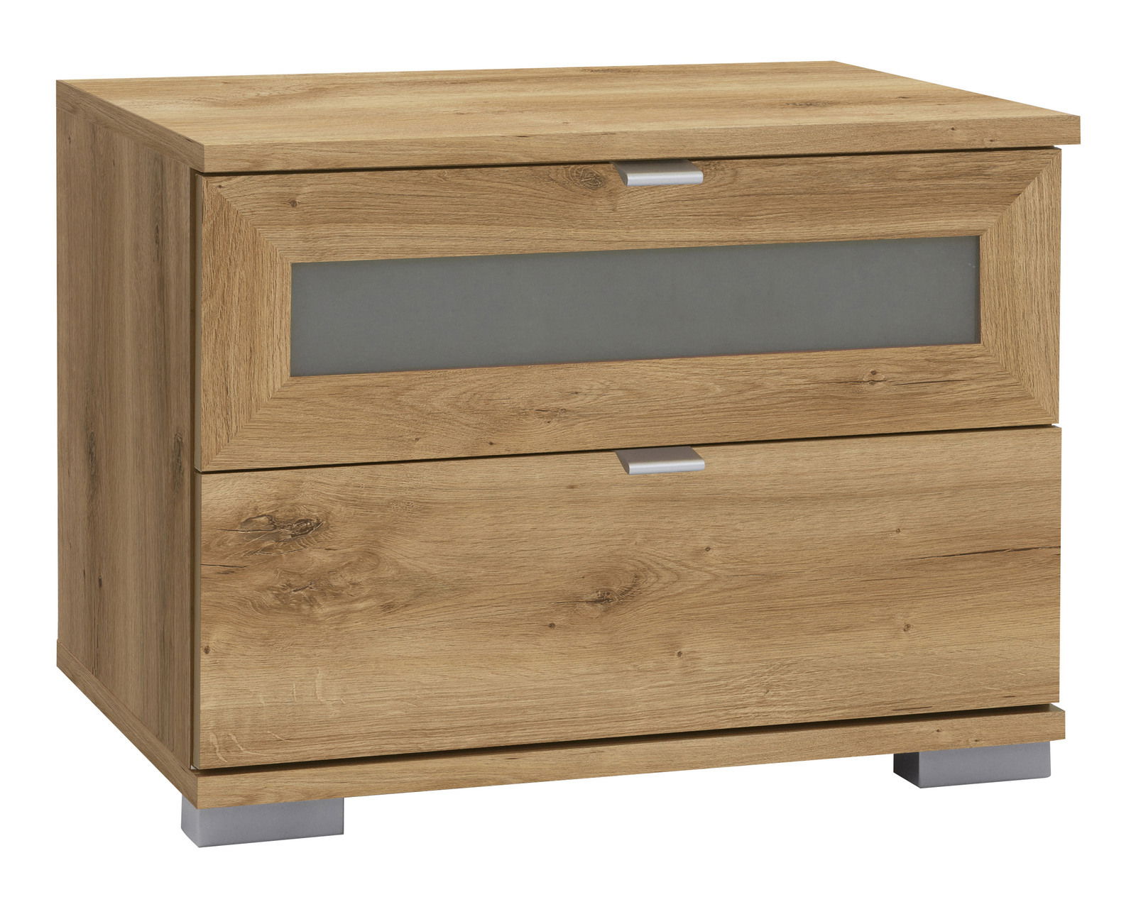 Nachtkonsole aus Holz mit zwei Schubladen, Frontansicht