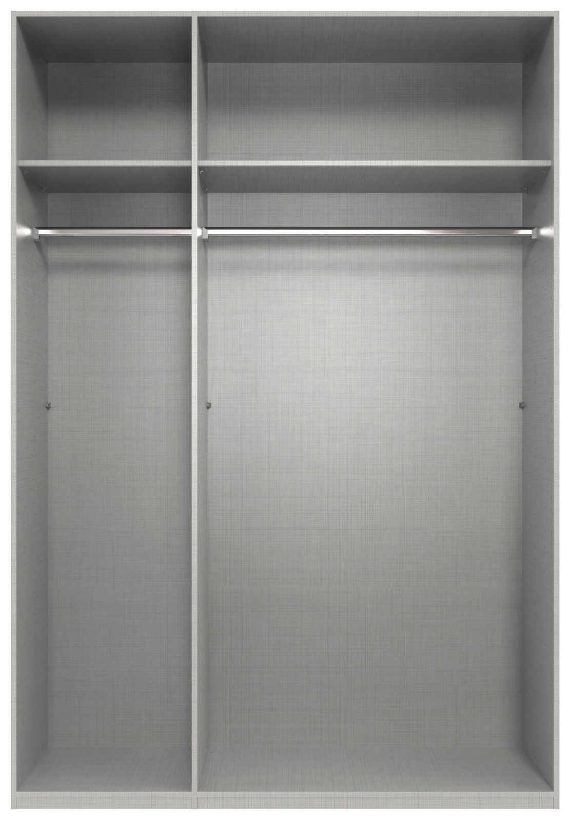 Innenansicht eines dreitürigen Drehtürenschranks mit zwei Kleiderstangen und zwei Regalböden, frontal betrachtet.