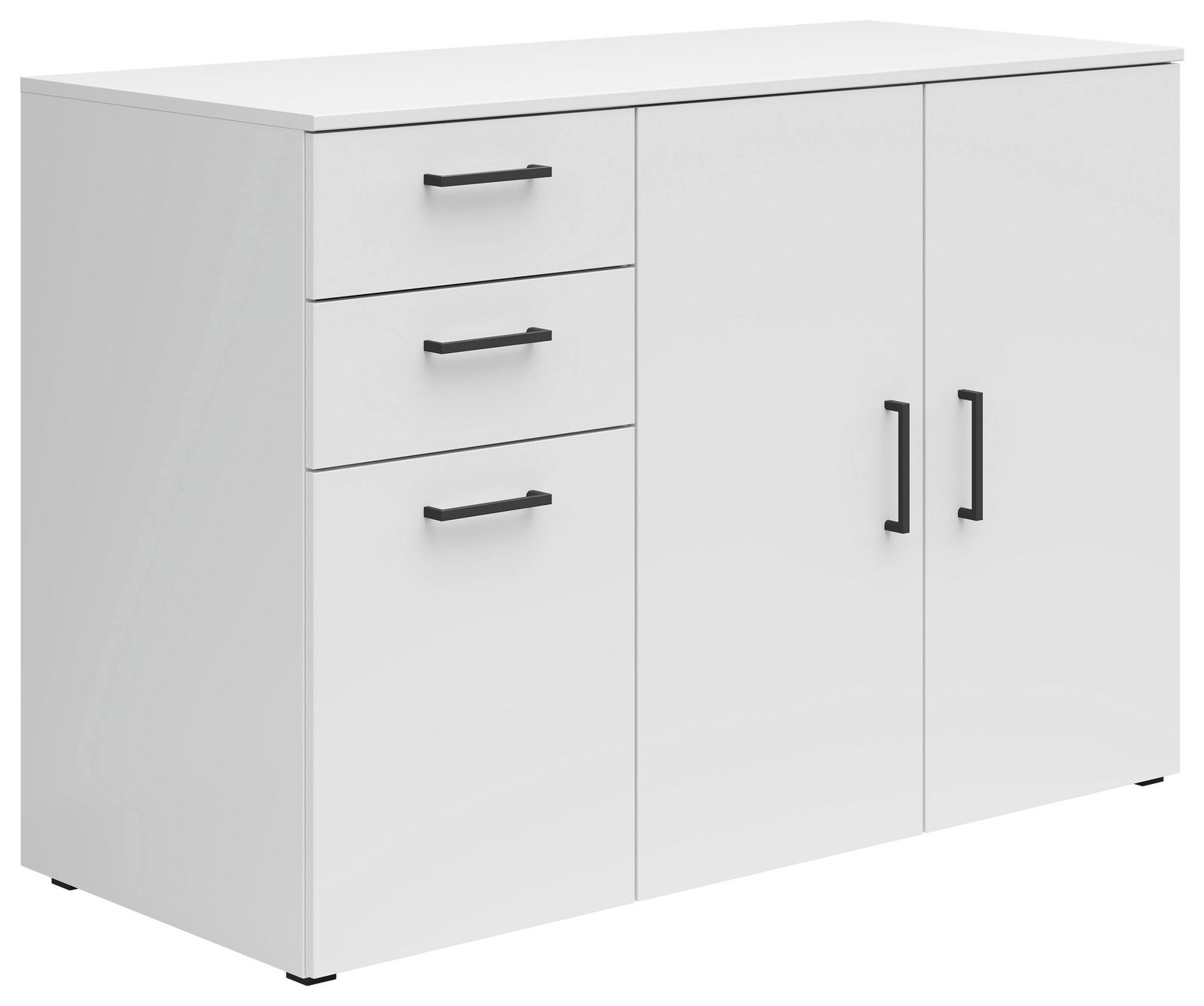 Carryhome Kommode MULTISTAURAUM Weiße Kommode mit drei Schubladen und zwei Türen, seitliche Perspektive