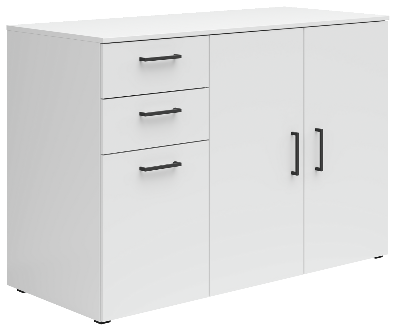 Weiße Kommode mit drei Schubladen und zwei Türen, seitliche Perspektive