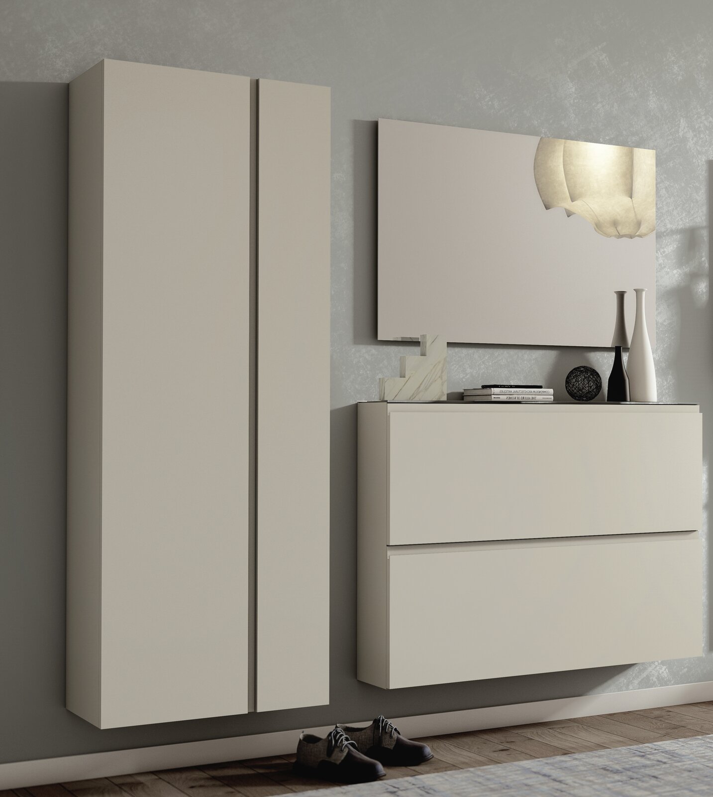 Garderobeset in modern design met twee wandkasten en een grote spiegel, zijaanzicht