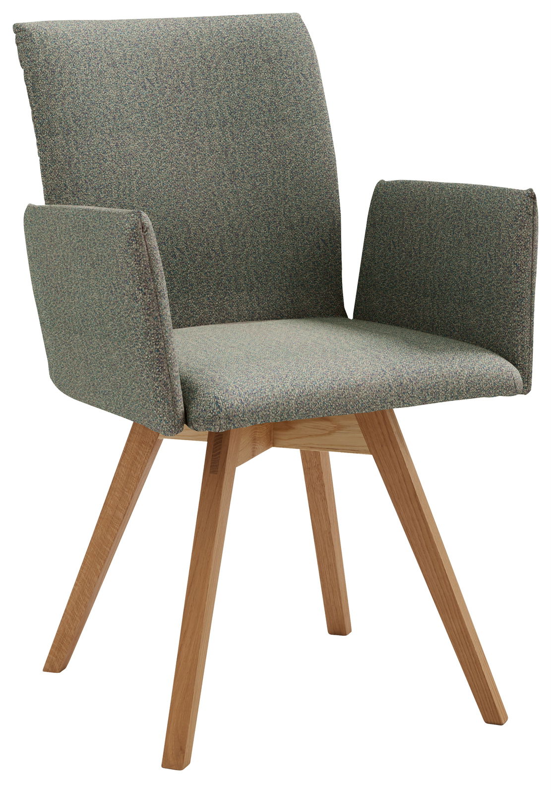 Moderner Armlehnstuhl mit grauem Stoffbezug und Holzbeinen, seitliche Perspektive