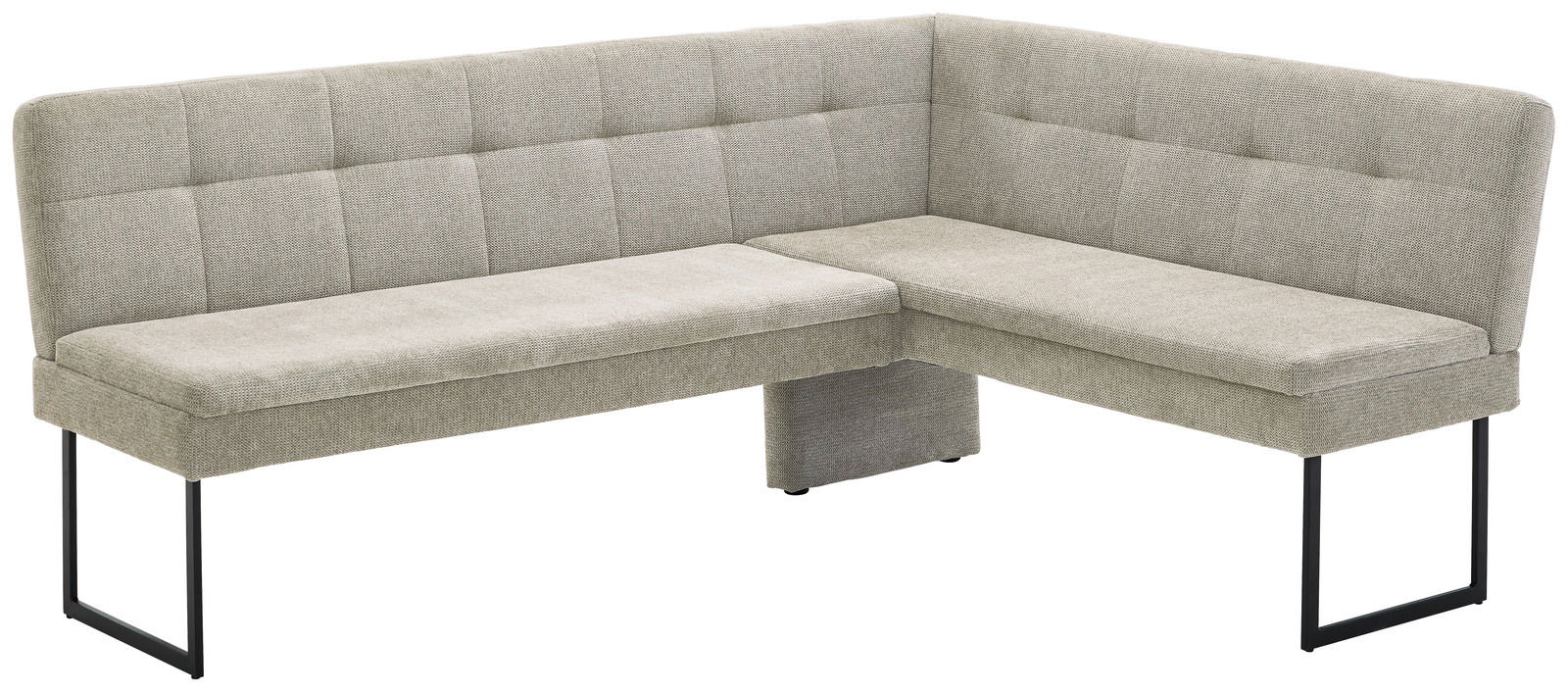 Eckbank in L-Form mit grauem Stoffbezug und schwarzen Metallbeinen, Perspektive von vorne