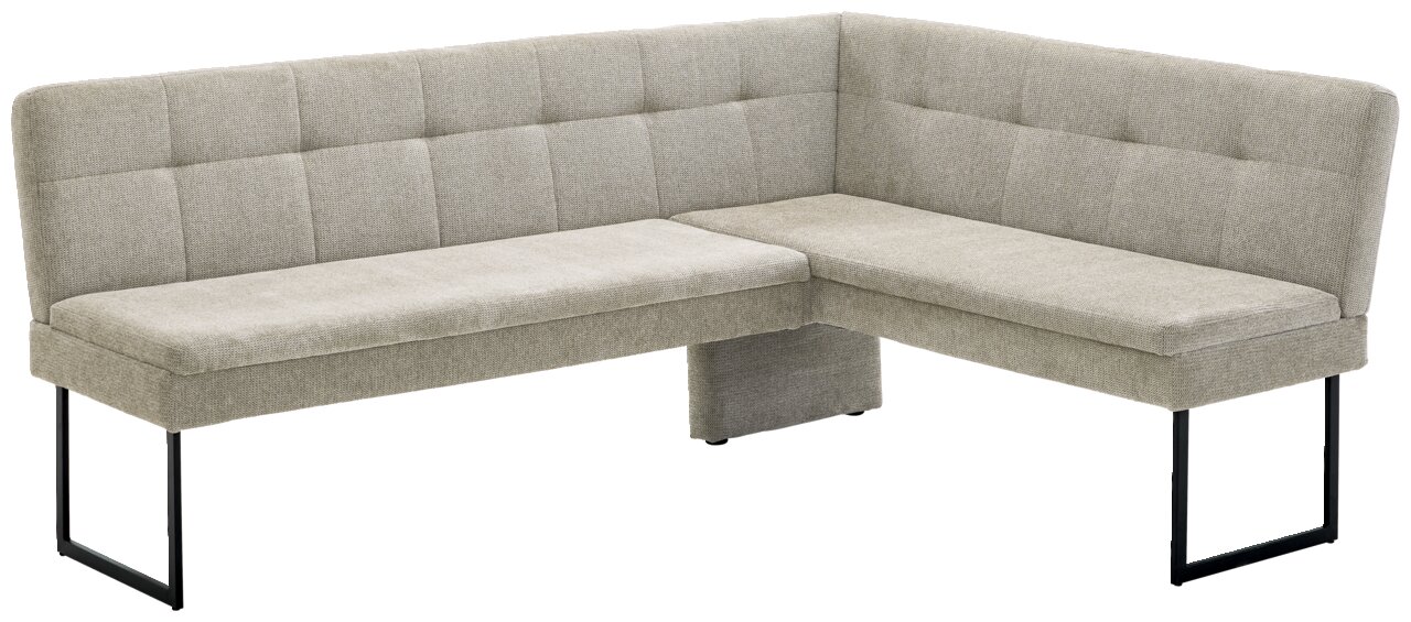 Eckbank in L-Form mit grauem Stoffbezug und schwarzen Metallbeinen, Perspektive von vorne