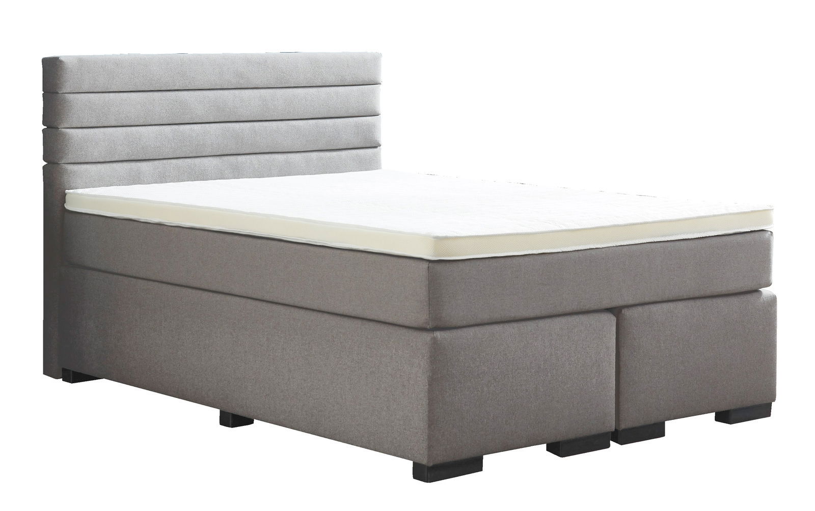 Graues Boxspringbett mit gestepptem Kopfteil, seitliche Perspektive