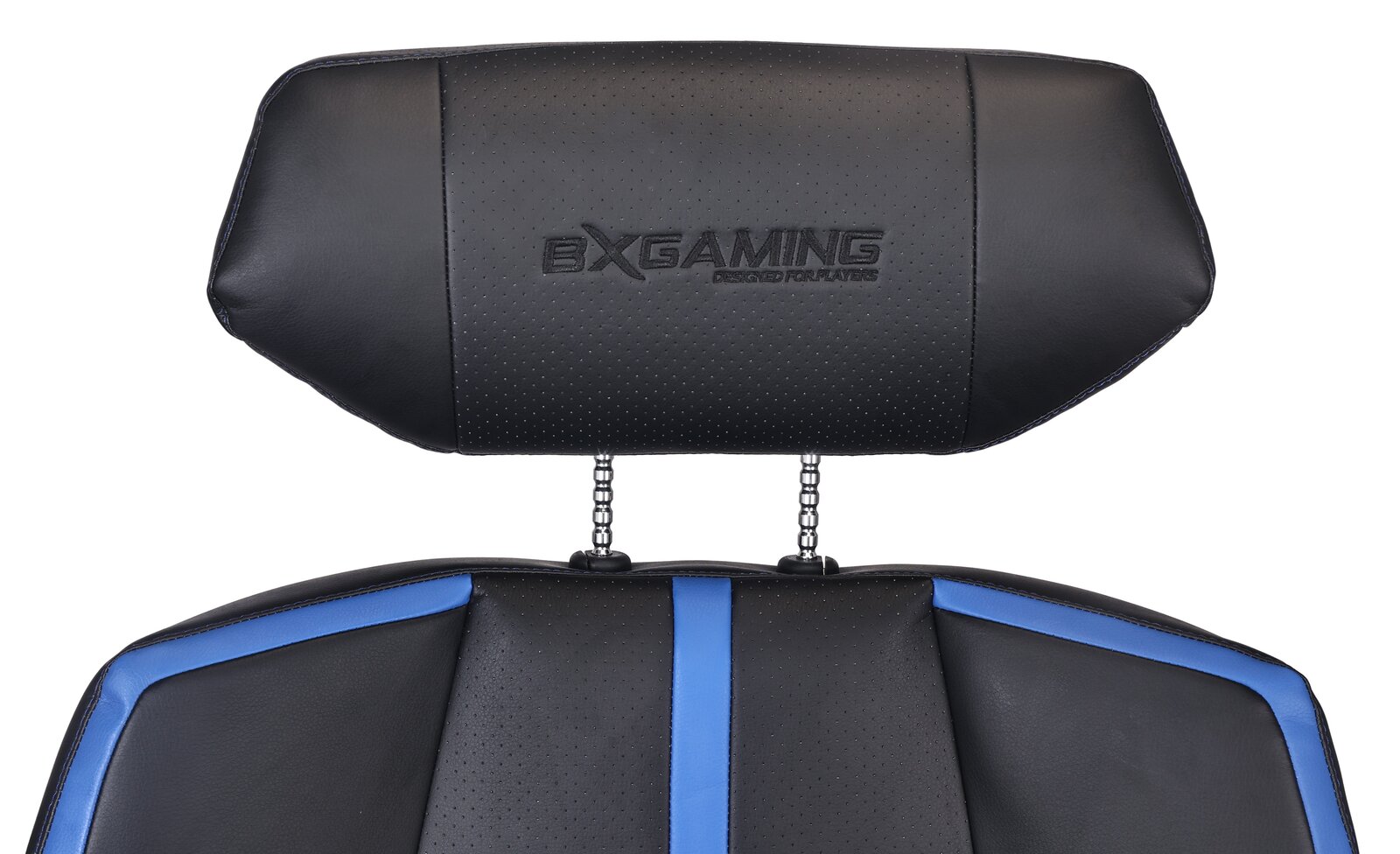 Nahaufnahme der Rückenlehne eines BXGAMING Gaming Stuhls GENIUS mit schwarzem Leder und blauen Akzenten, von vorne betrachtet.