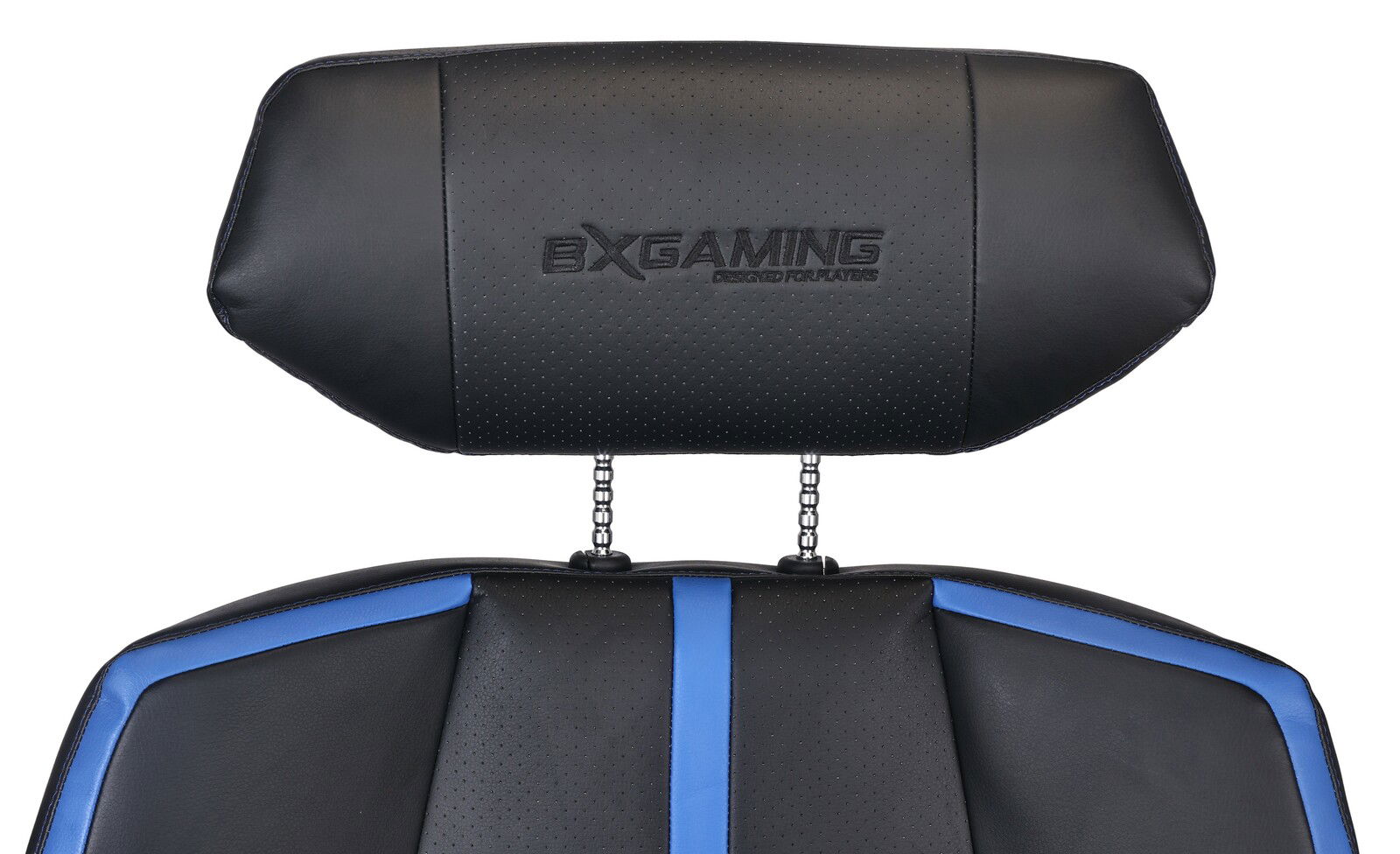 Nahaufnahme der Rückenlehne eines BXGAMING Gaming Stuhls GENIUS mit schwarzem Leder und blauen Akzenten, von vorne betrachtet.