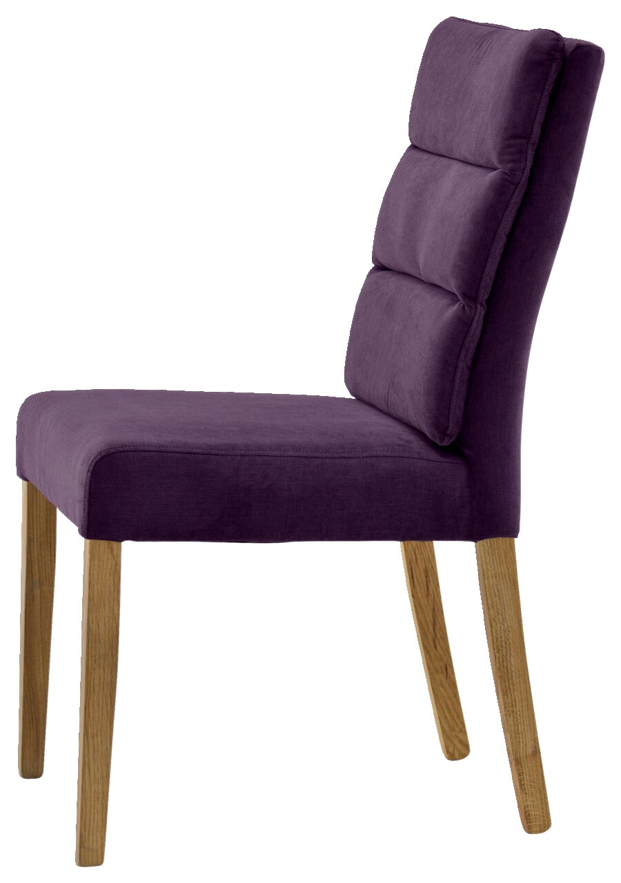 Seitenansicht eines modernen Stuhls mit lila Polsterung und Holzbeinen.